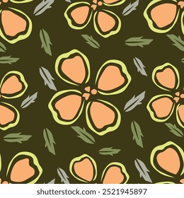 Textil-Design-Kunst, rot gelbe Blumen grüne Blätter abstrakte dekorative Wirkung botanische Muster Allover wiederholt nahtlose Farbe, Stoff Stoffumschlag Druck, Frühling Sommer