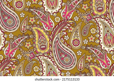 Textile design with beautiful flowers and elegant paisley in traditional motif , folklore ornament