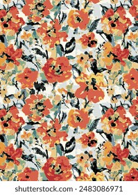 textile design bright background solid abstract hibiscus flower pattern, all-over seamless vector motif with orange and yellow tone color illustration digital image printing factory