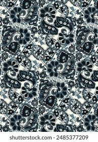 textile design bright background solid abstract three-color contour floral batik motif, all-over seamless vector pattern with gray and cream tone color illustration digital image printing factory