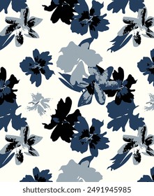 textile design bright background solid abstract three-tone big hibiscus flower pattern, all-over seamless vector pattern with blue and black tone color illustration digital image printing factory