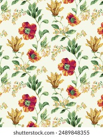 textile design bright color background solid dual-tone bud and blooming hibiscus flower pattern, all-over seamless vector pattern with red and yellow tone color illustration digital image prints