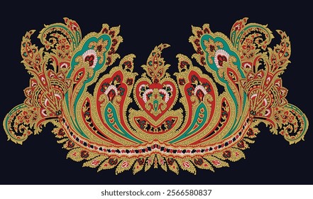 Textile design compositions with geometric shapes, paisley motifs, baroque-inspired ornaments for digital textile printing, wallpapers, gift wraps, and backgrounds.