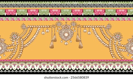 Textile design compositions with geometric shapes, paisley motifs, baroque-inspired ornaments for digital textile printing, wallpapers, gift wraps, and backgrounds.