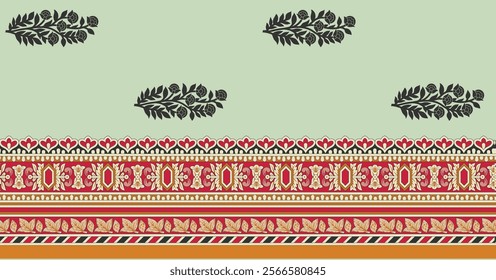 Textile design compositions with geometric shapes, paisley motifs, baroque-inspired ornaments for digital textile printing, wallpapers, gift wraps, and backgrounds.