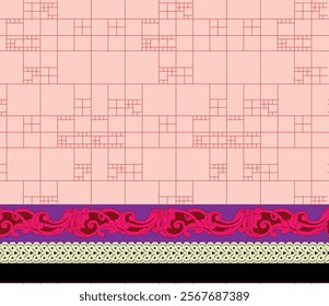 Textile design compositions with geometric shapes, paisley motifs, baroque-inspired ornaments for digital textile printing, wallpapers, gift wraps, and backgrounds.