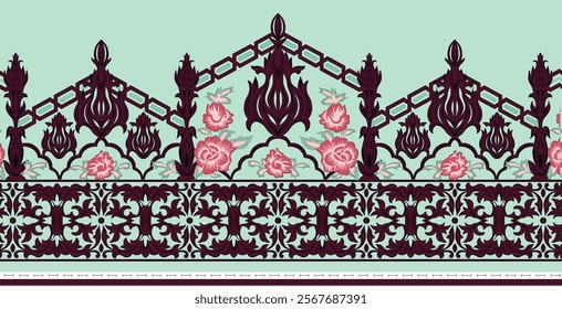 Textile design compositions with geometric shapes, paisley motifs, baroque-inspired ornaments for digital textile printing, wallpapers, gift wraps, and backgrounds.