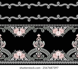 Textile design compositions with geometric shapes, paisley motifs, baroque-inspired ornaments for digital textile printing, wallpapers, gift wraps, and backgrounds.