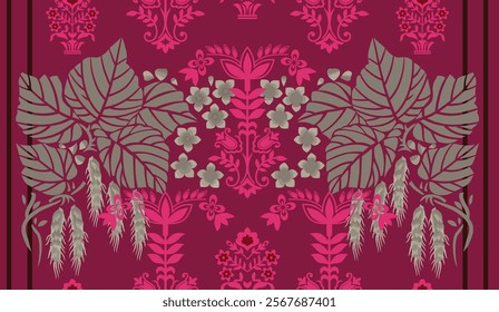 Textile design compositions with geometric shapes, paisley motifs, baroque-inspired ornaments for digital textile printing, wallpapers, gift wraps, and backgrounds.