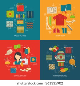 Textile design concept set with sewing knitting and dressmaking flat icons isolated vector illustration