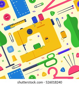 Textile design concept set with sewing. Seamless pattern. Vector flat illustrations.