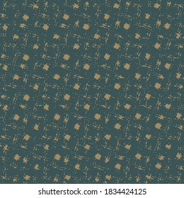 Textile design consisting of round splashes or spots and square patches with a confusing contour. Graphics in blue and brown.