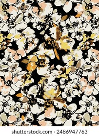 textile design dark color background solid abstract monochrome big and small hibiscus flower, all-over seamless vector pattern with white and yellow tone color illustration digital image prints