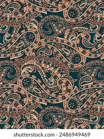 textile design dark color background solid block dual-tone paisley and floral shape motif, all-over seamless vector pattern with Tosca and orange tone color illustration digital image prints