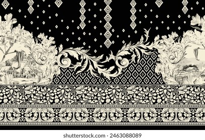 Textile Design Digital Border And Motif