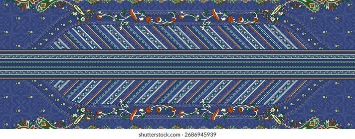 A Textile Design Digital dupatta print with set of Unique motif pattern. Floral border and all overs create Abstract Multi-Colored Ikat Ethnic Geometrical Ornamental damask in luxury element's febric.