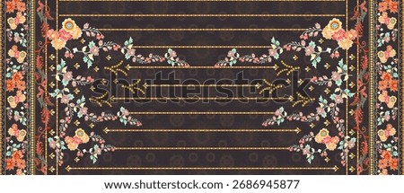 A Textile Design Digital dupatta print with set of Unique motif pattern. Floral border and all overs create Abstract Multi-Colored Ikat Ethnic Geometrical Ornamental damask in luxury element's febric.