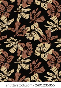 Textildesign Zweifarbiger Hintergrund Solides abstraktes Hibiskusblütenmuster, vollflächiges nahtloses Vektorgrafik-Motiv mit Braun- und Schwarzfarbendarstellung Digitales Bild Druckwerk