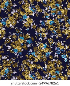 textile design dual-tone dark background solid abstract small rose and chamomile flower pattern, all-over seamless vector motif with violet and yellow tone color illustration digital image prints
