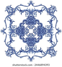 Textile design for elegant scarf in Baroque style with blue elements