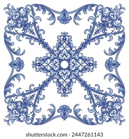 Textile design for elegant scarf in Baroque style with blue elements