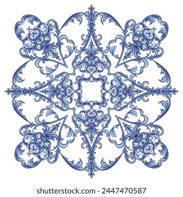 Textile design for elegant scarf in Baroque style with blue elements