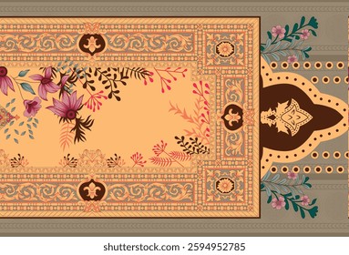 A textile design featuring floral and geometric patterns with a color palette of beige, brown, and purple, for textile, wallpaper, gift wrapping, print