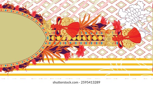 textile design featuring a light yellow oval shape on the left,  floral and geometric patterns white background with yellow stripes at the bottom, for textile, wallpaper, gift wrapping, print