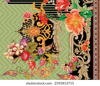 A textile design featuring a mix of floral and baroque elements on a textured green background, ideal for wallpaper, textile, gift wrapping.