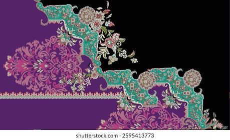 A textile design featuring ornate floral and paisley patterns in purple, teal, and cream against a black and dark purple background, for textile, wallpaper, gift wrapping, print