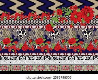 A textile design featuring repeating floral and geometric patterns, ideal for wallpaper, textile, gift wrapping.