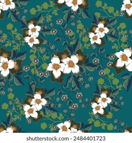 textile design, flowers branch botanic solid background pattern allover repeats seamless natural color ,fabric wrapper print ,spring summer