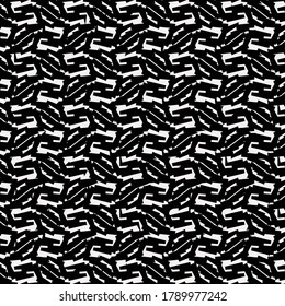Textile design made from a combination of signs and abstract decorations. Tapestry texture. Pattern in black and white.