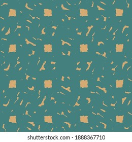 Textile design made of various fragments and some square patches. Pattern in blue and golden beige.