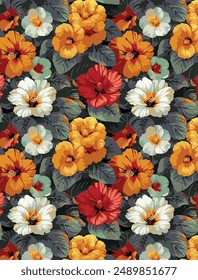 textile design mediium color background solid quad-tone blooming hibiscus flower motif, full all-over seamless vector pattern with white, red, and orange tone color illustration digital image prints