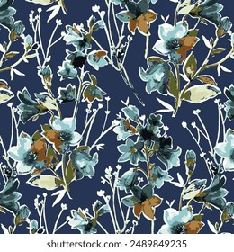 textile design medium color background solid monochrome bud and blooming hibiscus flower pattern, all-over seamless vector motif with blue and yellow tone color illustration digital image prints