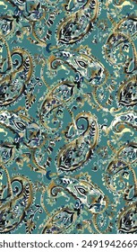 textile design monochrome background solid abstract floral and paisley mixed pattern, all-over seamless vector motif with Tosca and green tone color illustration digital image printing factory