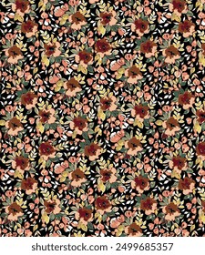 textile design monochrome black background solid abstract small hibiscus flower, all-over seamless vector motif with black and orange tone color illustration digital image printing factor