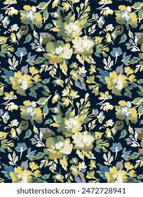 textile design monochrome solid abstract big and small rose flower arrangements, full all-over seamless pattern with gree and yellow tone color illustration digital image printing factory