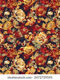 Textiles Design Monochrom Solid Abstrakt Große und kleine Rosenblüten-Arrangements, All-over nahtlose Muster mit Rot- und Orangeton Farbdarstellung Digital Bild Printing Factory