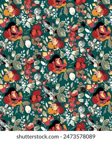 textile design monochrome solid abstract medium small, tiny, and big rose flowers, all-over vector seamless pattern with red and Tosca tone color illustration digital image printing factory