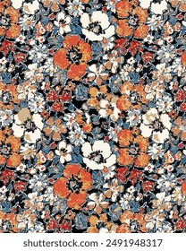 textile design multicolor background solid abstract big and small hibiscus flower pattern, all-over seamless vector motif with orange and white tone color illustration digital image printing factory