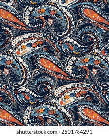 Textil-Design mehrfarbig dunklen Hintergrund massiv abstrakte Paisley und kleine Blume Mischmotiv, all-over nahtlose Vektormuster mit blauen und orangefarbenen Ton Farbgrafik digitales Bild