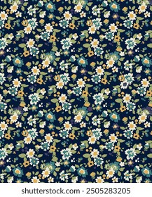 textile design multicolor dark blue background solid abstract cute small and tiny flower, all-over seamless vector pattern with green and yellow tone color illustration digital image printing factory