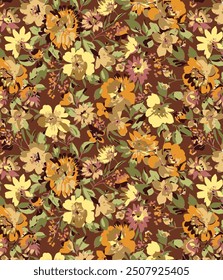 textile design multicolor medium background solid abstract many kinds of flower pattern, all-over seamless vector motif with orange and yellow tone color illustration digital image printing factory
