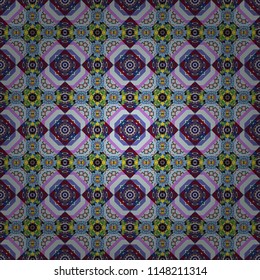 Textile design. Seamless abstract geometric Mandala pattern. Traditional oriental ethnic ornament, brown, gray and violet batik colors background.
