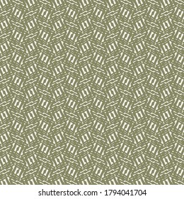 Textildesign mit Quadraten und Zickzacksacken aus miteinander verflochtenen Linien. Patchwork-Hintergrund. Wiederholtes Muster in khaki und weiß.