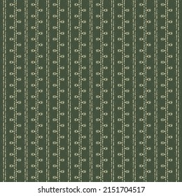 Textile design with stripes and a kind of buds. Pattern in dark green and white. Decorative graphics.