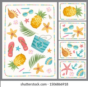 Textile design. Summer Fashion set. Summer Holiday print design. Decorative wallpaper. Tropics set. Exotic background. Pineapples, palm leaves, hibiscus vector.