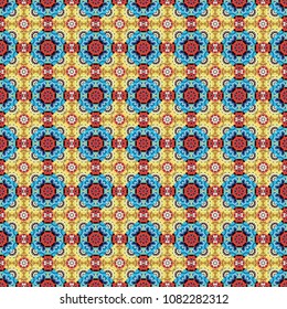 Textile design texture. Abstract background. Vector illustration. With saturated shapes in yellow, blue and brown colors. Ethnic tracery for print on textile.